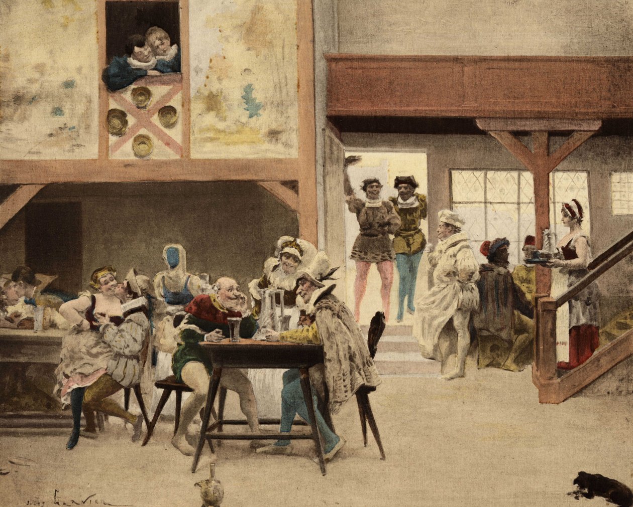 Uvnitř hostelu v Chinonu. Pantagruel a Panurge na zastávce. Pantagruel. ilustrace Jules Garnier. V knize "Rabelais et l