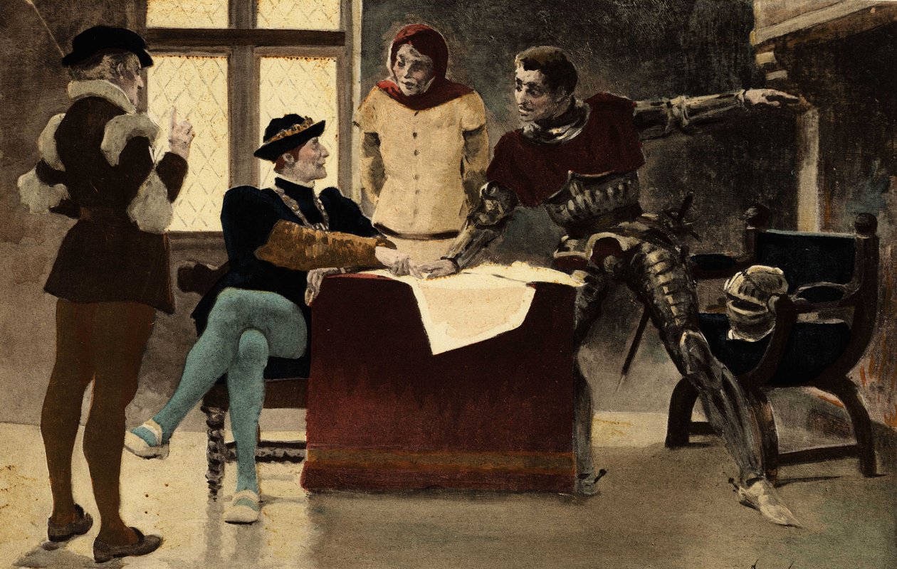Starý Echefron (druhý zprava) radí Pikrocholovi, králi Lernu (vpravo). Gargantua. ilustrace Jules Garnier. In "Rabelais et l