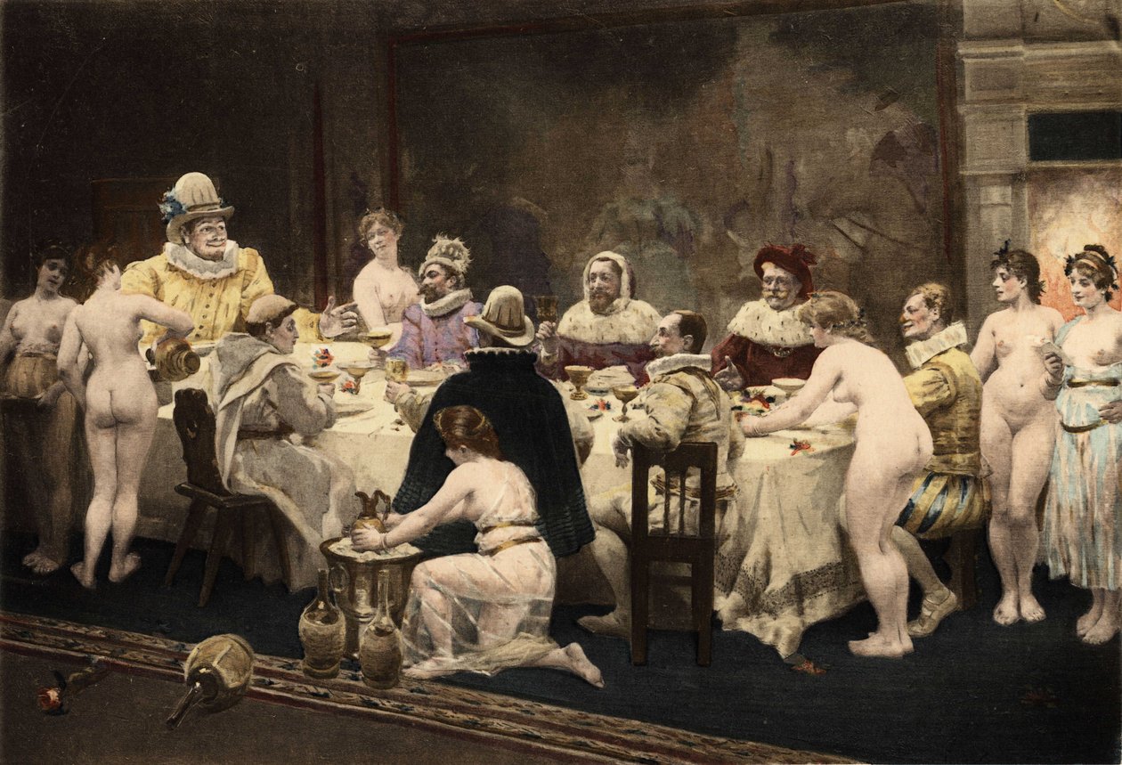 Pantagruel, Panurge, Frere Jean a Epistmon během večeře pořádané Homenas, eveque Papimanes, obyvateli ostrova Papimania. Pantagruel. ilustrace Jules Garnier. In "Rabelais et l