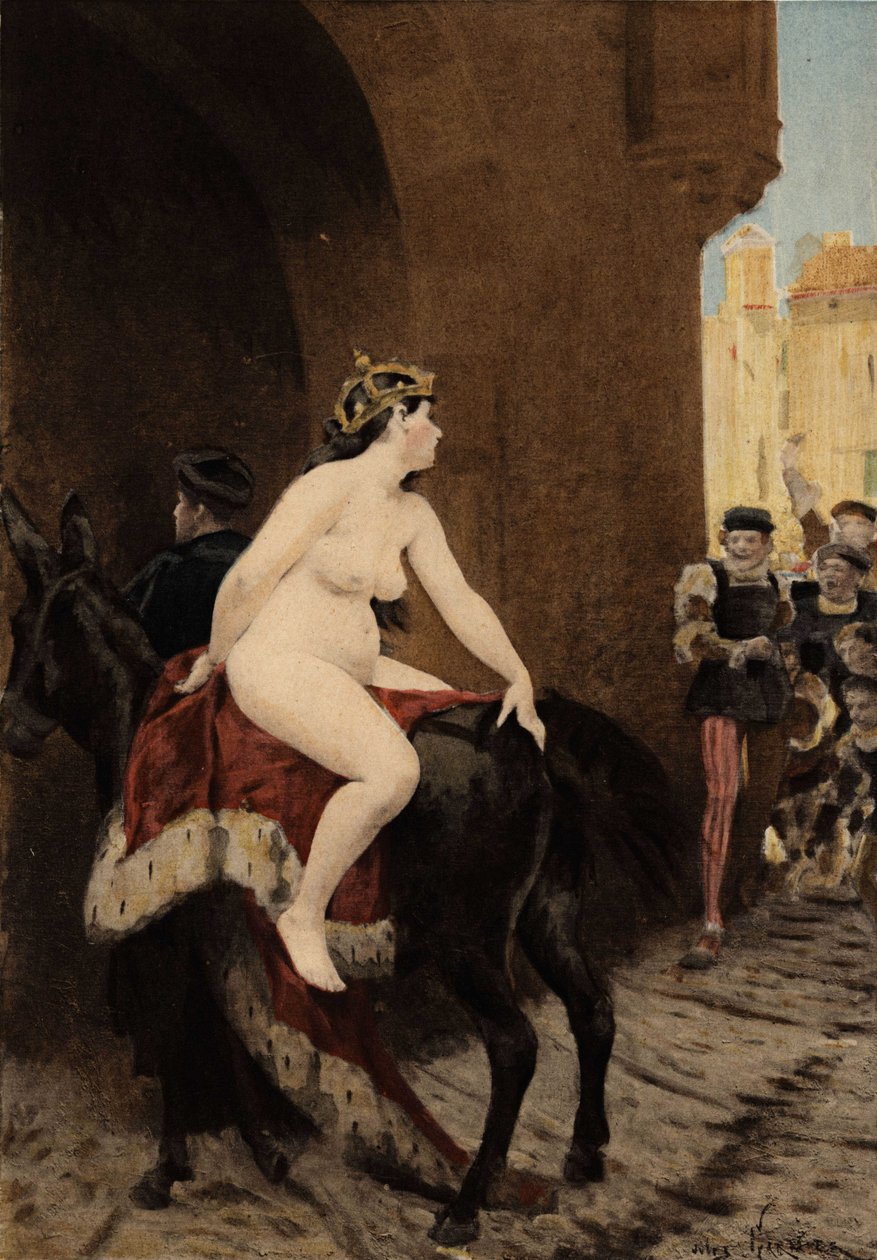 Manželka milánského císaře Federika (Fridricha) Barberossa, kterou Milánští vyhnali z města. Jezdí na mule Thacor. Pantagruel. ilustrace Jules Garnier. V knize "Rabelais et l