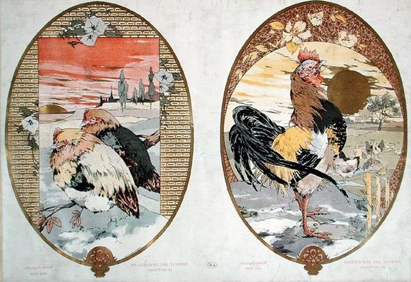 Kohout a kuřata, design pro obrazovku, cca 1900 (barevné lito) od Jules Auguste Habert Dys