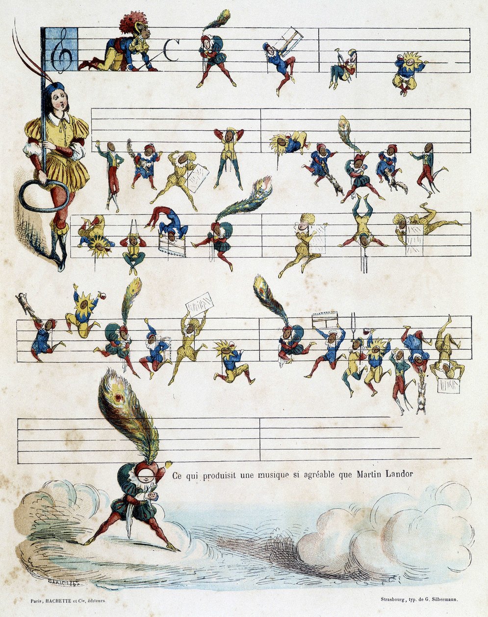 Noty hudby na partituře, kresba Baric z roku 1862 k ilustraci Kroknotského dětské knihy vyprávějící příběh Martina Landora. od Jules Baric