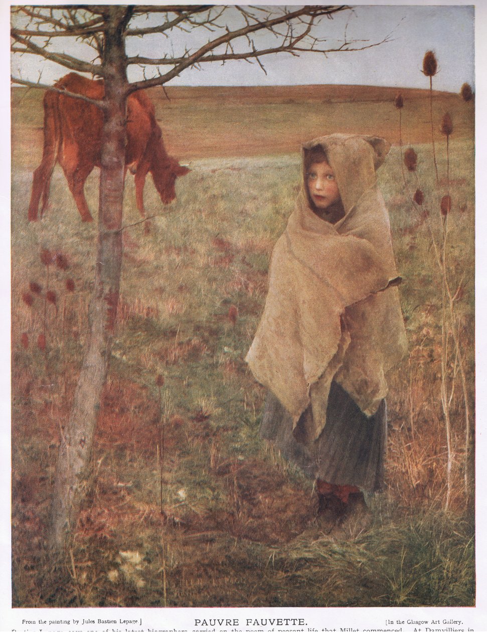 Francie, malá; dívka; fauveta; kráva; venkovský; chudý; oblečení od Jules Bastien Lepage
