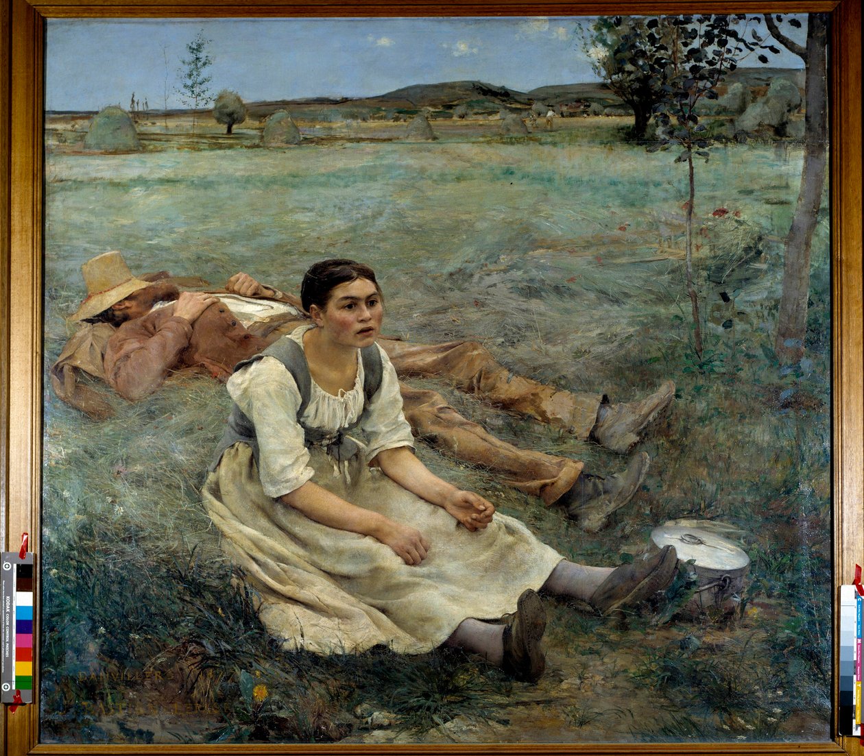 Seno Žena sedí v trávě vedle muže spícího během období sklizně. Obraz Julese Bastiena Lepagea (1848-1884) 1877 Ne. 1,80 x 1,95 m od Jules Bastien Lepage