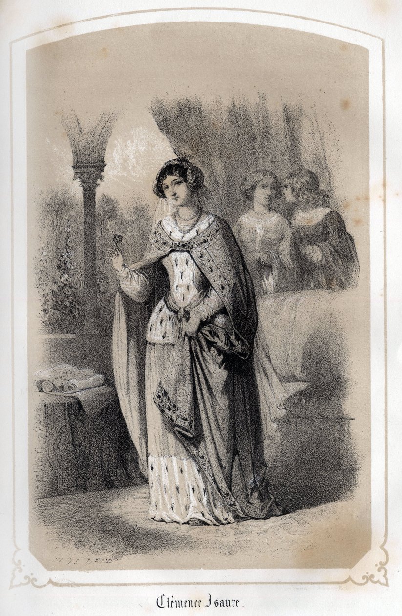 Portrét Clemence Isaure, dámy z Toulouse, která by žila ve 14. století. v „Les femmes illustres de la France““ od hraběnky DROHOJOWSKÉ. Ilustrováno kresbami MM JULES A BAYALOS. kolem roku 1850. od Jules and Bayalos Aime de David