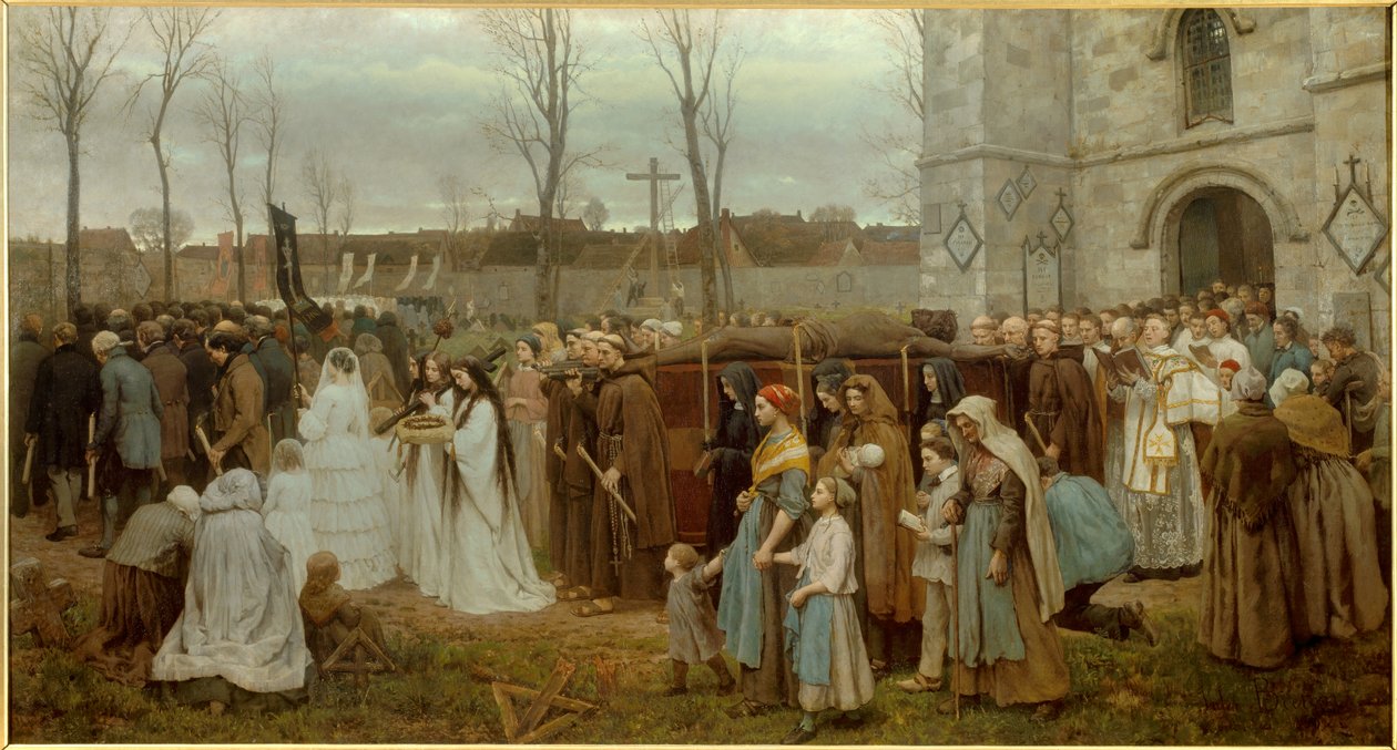 Zasazení průvodu na Kalvárii před bretaňským kostelem. Obraz Julese Bretona (1827-1906) 1858 Ne. 1,35x2,5 m Lille, musee des Beaux Arts - Postavení Kalvárie. Průvod před bretaňským kostelem. Obraz Julese Bretona (1827-1906,) 1858 od Jules Breton