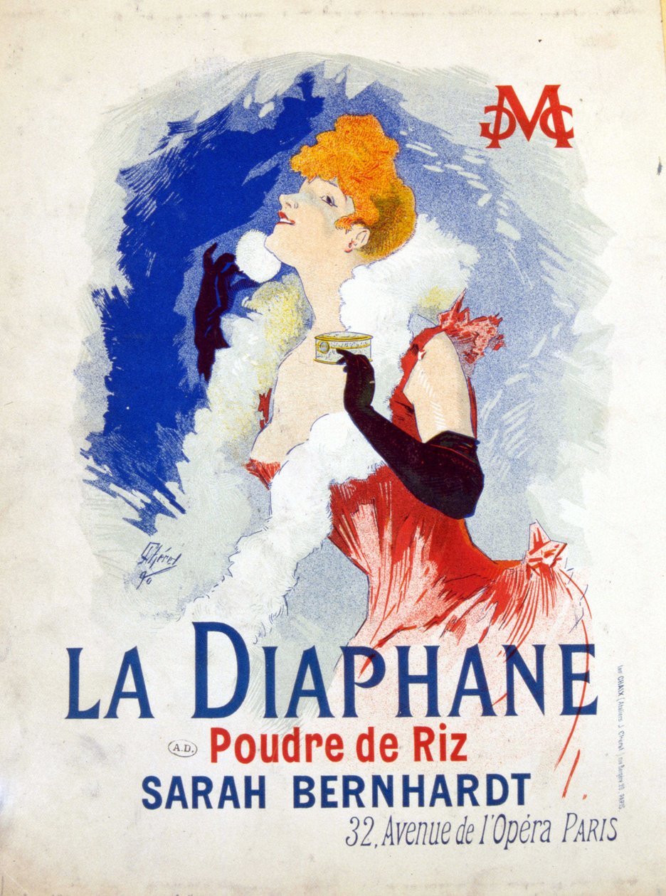 Reklama na „La Diaphane: Rýžový prášek““ Henriette Rosine Bernard dit Sarah Bernhardt od Jules Cheret