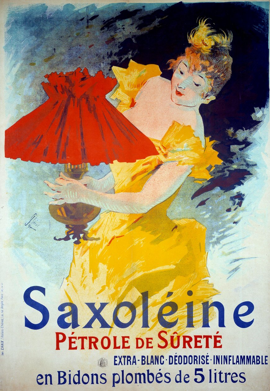 Reklamní plakát k produktu „Saxoleine Petrole de surete“: Žena dává olej do lampy. Reklamní plakát „Saxoleine“, olej do bezpečnostních lamp od Julese Chereta (1836-1932) od Jules Cheret