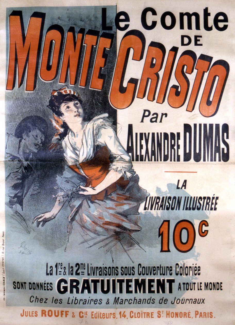 Reklamní plakát na prodej románu „Le Comte de Monte-Cristo“ od Alexandra Dumase, editoval Jules Rouff, ilustroval Jules Cheret od Jules Cheret