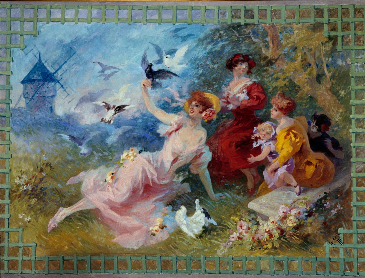 Alegorie vzduchu představující mladé ženy a ptáky. Karton na tapisérii od Julese Chereta (1836-1932) Nice, Musee Cheret 20. století od Jules Cheret