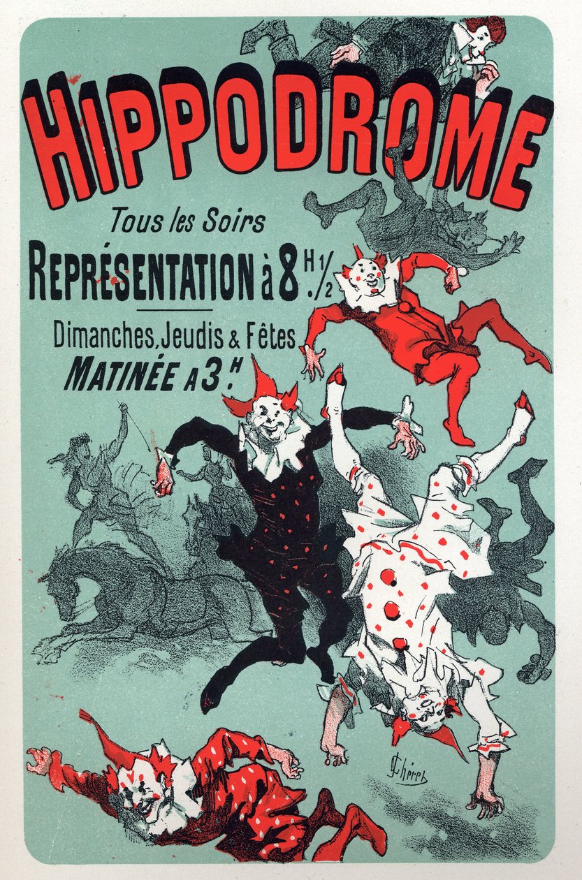 Umění. Zábava. Klauni. Show v cirkusovém Hippodrome, Paříž. Plakát Julese Chereta, Francie, kolem roku 1880 (plakát) od Jules Cheret