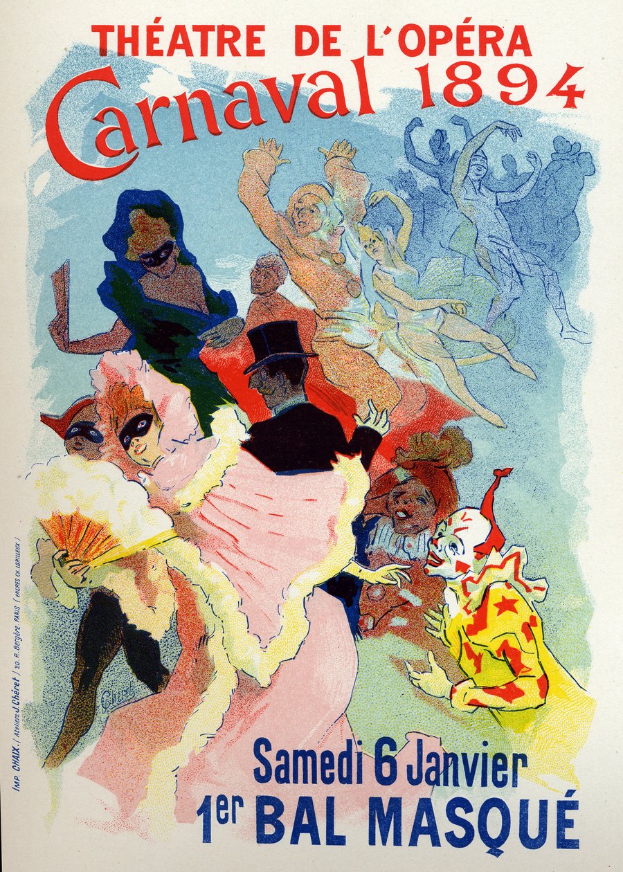 Umění. Zábava. Maškarní ples v Opeře v Paříži na karneval. Plakát Jules Cheret, Francie od Jules Cheret