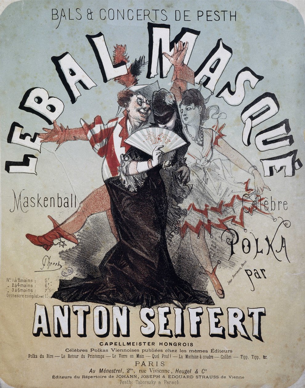 Ples a koncert Pesth: maškarní ples (Maskenball, slavná polka Antona Seiferta) - plakát Julese Chereta, n.d. od Jules Cheret