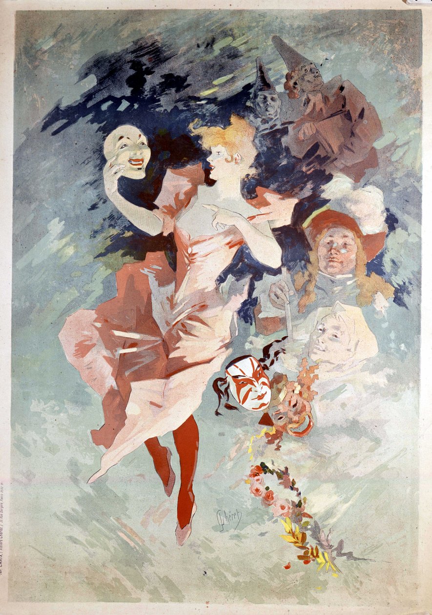 Karnevalový plakát od Julese Chereta: žena s maskou, B.N. Paříž. 19. století. od Jules Cheret