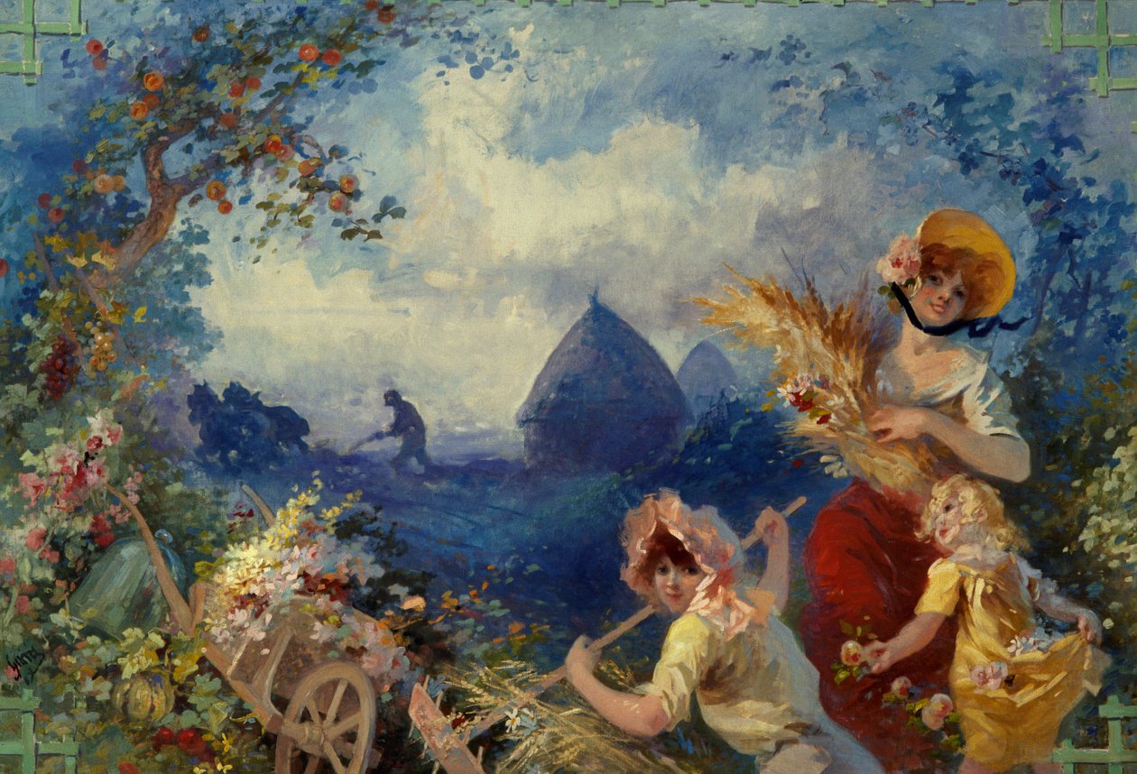 La Terre Allegorie představující mladé ženy držící pšeničné boty na pozadí sklizně. Karton na tapisérii od Julese Chereta (1836-1932) Nice, Musee Cheret 20. století od Jules Cheret