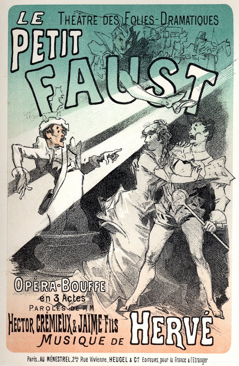 Hudba. Malý Faust, opereta Herve. Plakát Julese Chereta pro reprezentaci v Paříži od Jules Cheret