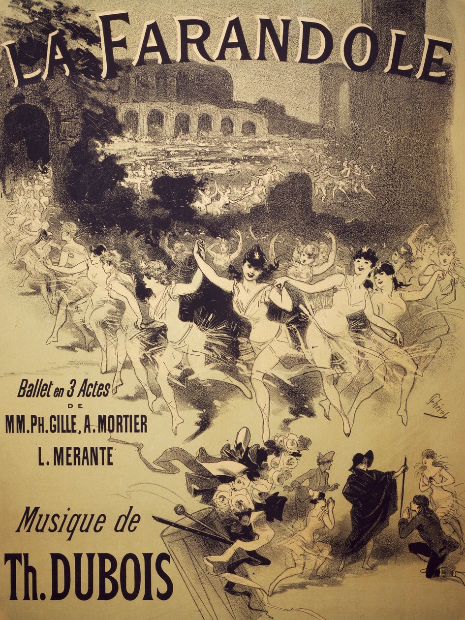 Plakát k La Farandole, balet Gille, Mortier a Merante, hudba Dubois, Theatre National de l
