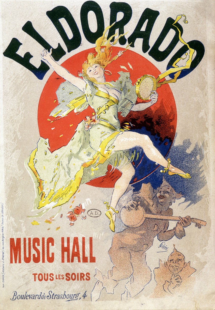 Plakát pro Music Hall plánovaný každý večer v Eldorado Theatre, boulevard de Strasbourg v Paříži. Kolem roku 1900 (litografie) od Jules Cheret