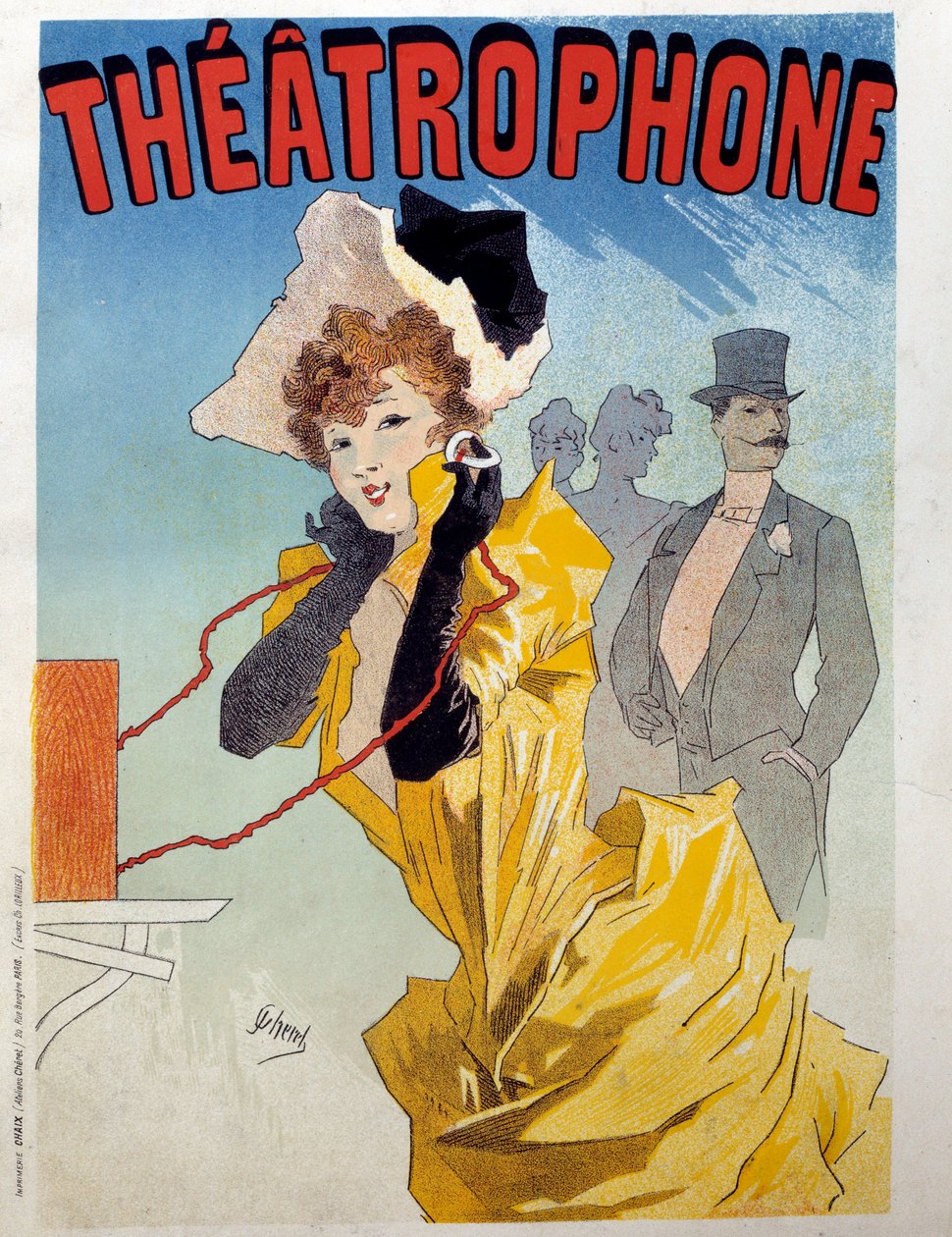 Plakát pro theatrofon: mladý elegán poslouchá posluchačům kus divadla. Ilustrace Jules Cheret (1836-1932) Paříž 19. století, dekorativní umění od Jules Cheret