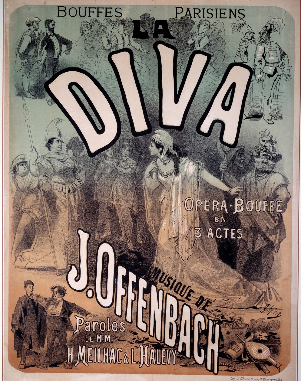 Plakát na operetu "Diva" zhudebněnou Jacquesem Offenbachem (1819-1880) v pařížském divadle Bouffes. od Jules Cheret