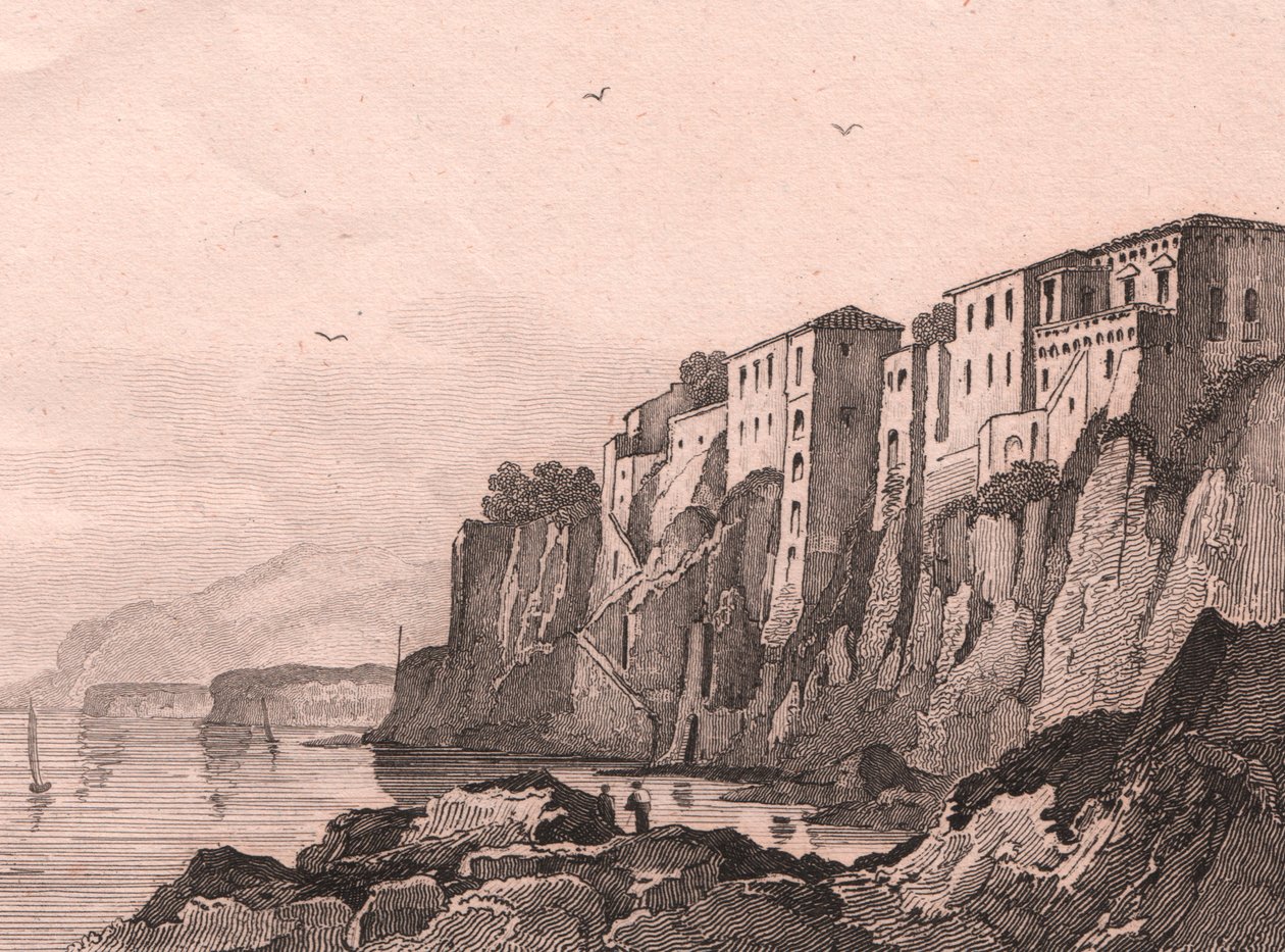 Pohled na Sorrento s domem Torquata Tasso, Kampánie, Itálie, ocelorytina Sauvage podle kresby Julese Coigneta (1798-1860), cca 13x10 cm od Jules Coignet