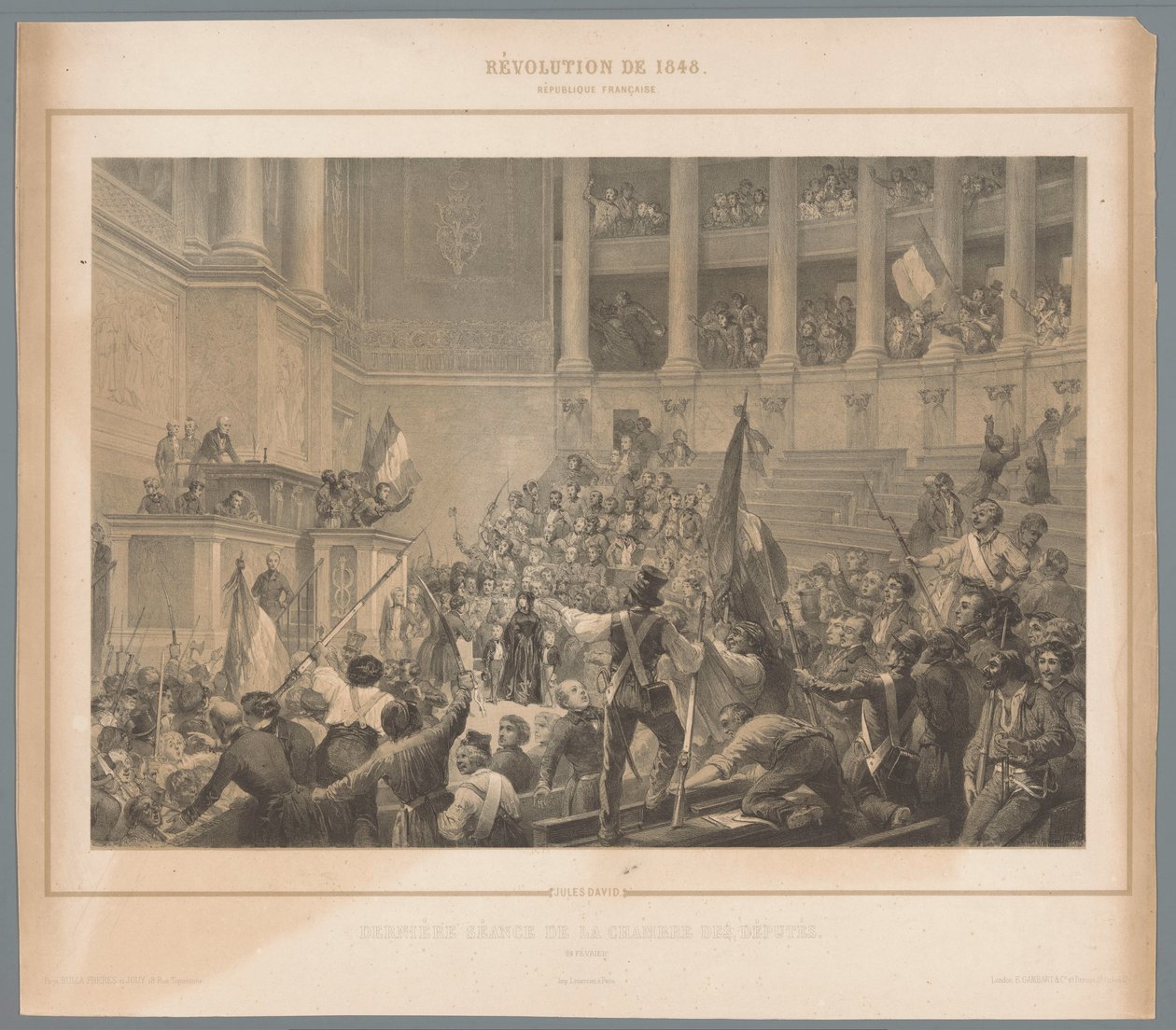 Pařížští povstalci narušili jednání Poslanecké sněmovny Dernière seance de la chambre des députés (název na objektu) Scény z únorové revoluce 1848 (název série) Revolution de 1848 (název série na objektu) od Jules  David