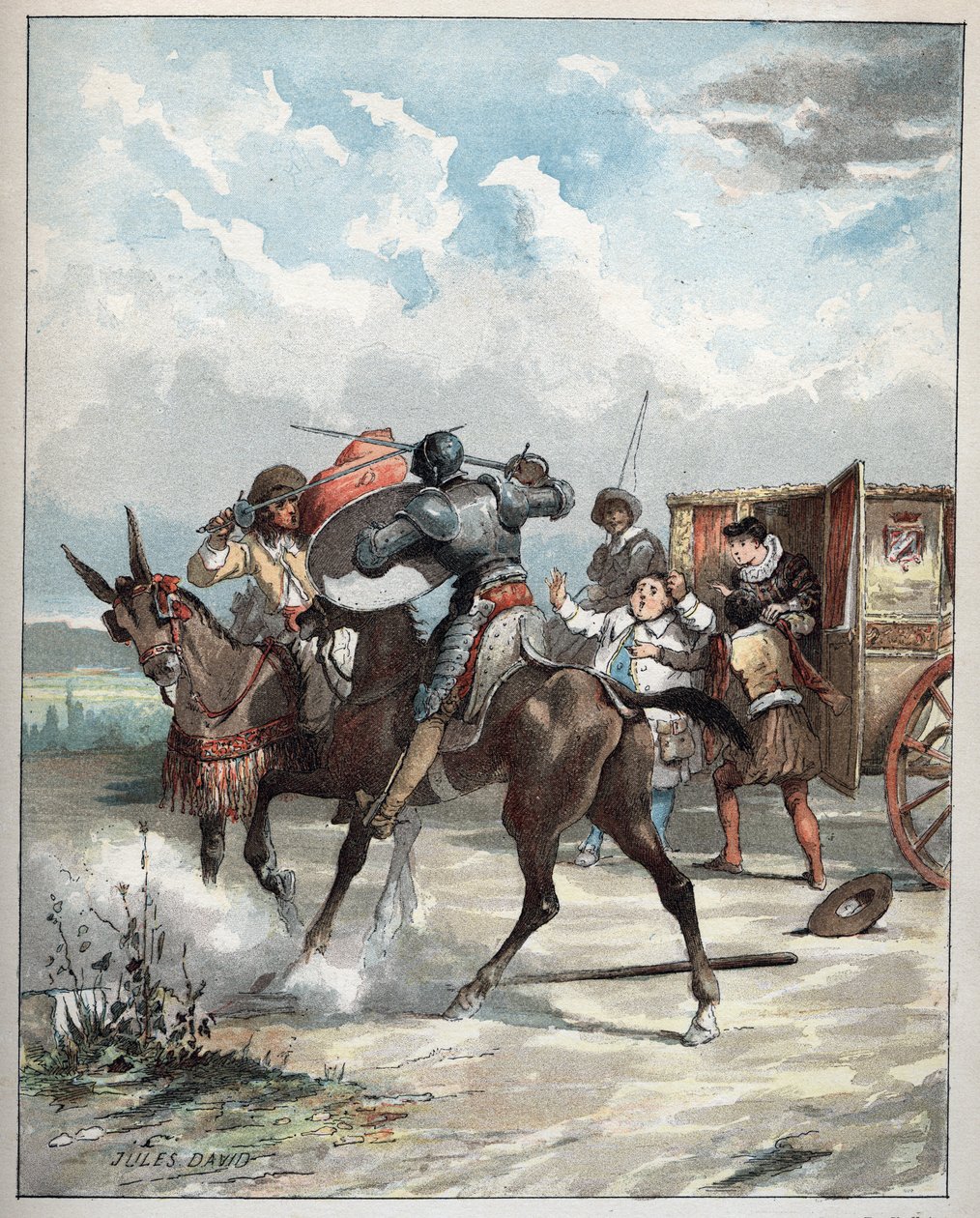 Don Quijote útočí na svého nepřítele - Don Quijote, na svém koni se sráží na svého nepřítele - Ilustrace Julese Davida (1808-1892) z Histoire de Don Quijote (Don Quijote) - 1887 - od Miguela de Cervantes Saavedra (1547-1616) - od Jules David