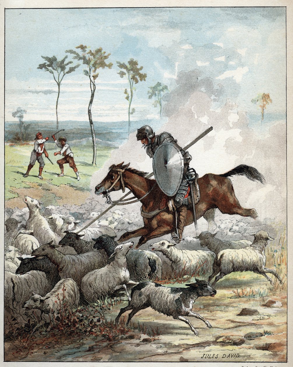 Don Quijote zabíjí ovce v domnění, že jsou rytíři - Don Quijote na svém koni propíchne ovci, kterou bere na rytíře - Ilustrace Julese Davida (1808-1892) z Histoire de Don Quijote (Don Quijote) - 1887 - od Miguela de Cervantes Saavedra (1547) -1616) od Jules David