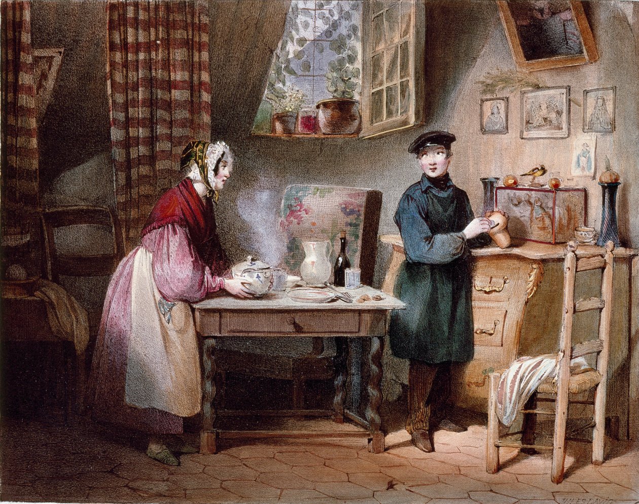 Ekonomika. Mladý pár v domě: žena usrkne na stůl a muž vloží minci do prasátka. Barevná rytina Julese Davida (19. století) Paris, Musee Carnavalet od Jules David