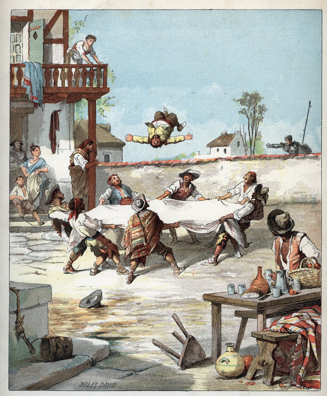 V hostinci Sancho Panza je manipulován, volá svého pána Dona Quijota, aby mu pomohl - V hotelu des gaillards vyrábí voltiger Sancho Panza s dekou, Sancho volá na pomoc svému pánovi Don Quijote - Ilustrace Julese Davida (1808-1892) z Histoir od Jules David