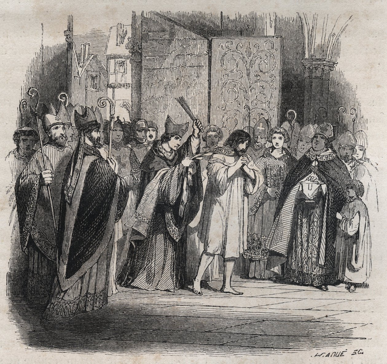Pokání Raymonda VI., hraběte z Toulouse - 22. 6. 1209 Raymond VI hrabě z Toulouse, vyloučený papežem Inocencem III. (Milon legat du Pope) za nepronásledování Katarů, obviňuje, že byl podněcovatelem atentátu na Pierra de Castelnau , udělal an od Jules David