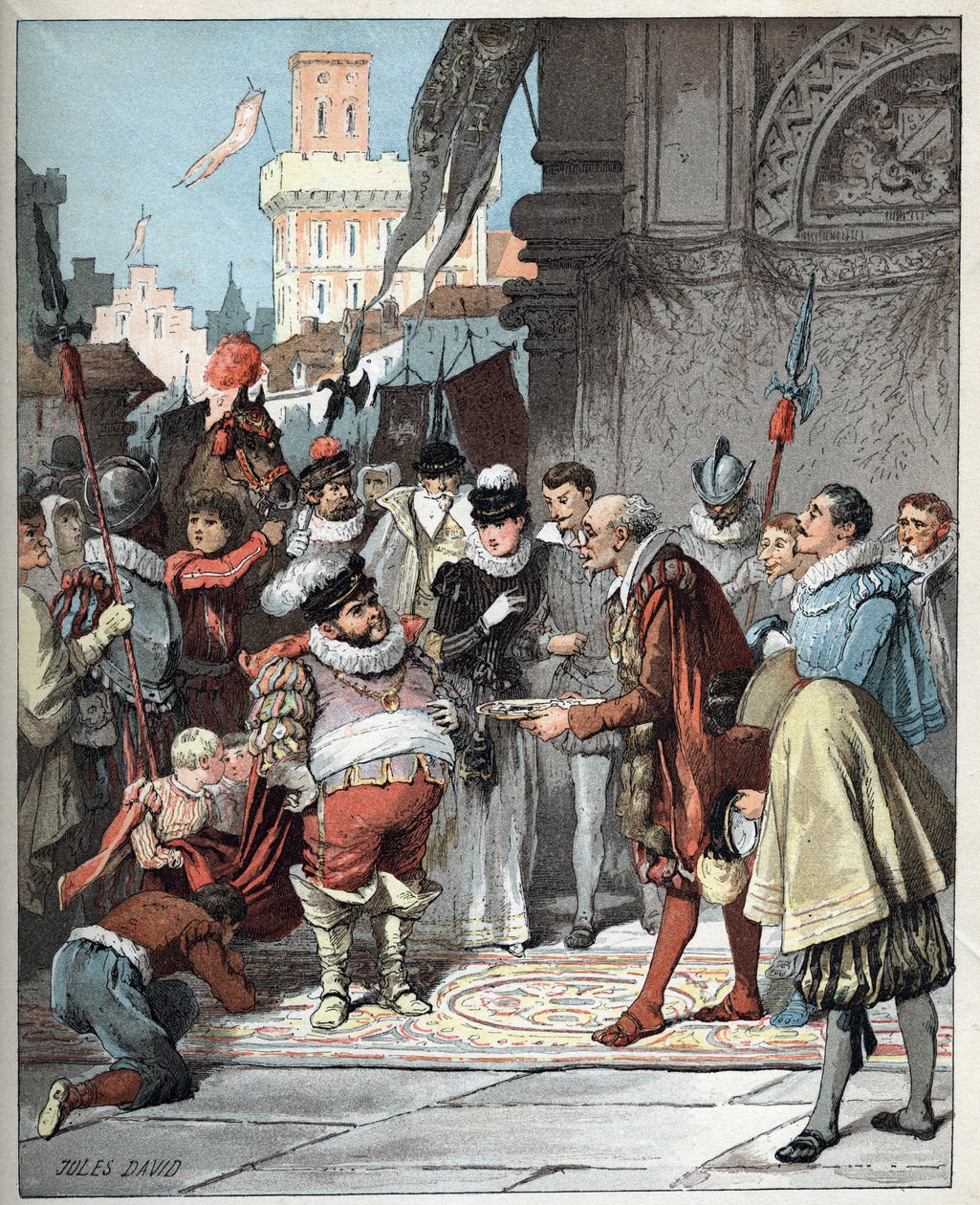 Sancho Panza jmenován guvernérem ostrova Barataria - Sancho Panza se stal trvalým guvernérem ostrova Barataria - Ilustrace Julese Davida (1808-1892) z Histoire de Don Quijote (Don Quijote) - 1887 - Miguel de Cervantes Saavedra (1547-1616) - od Jules David