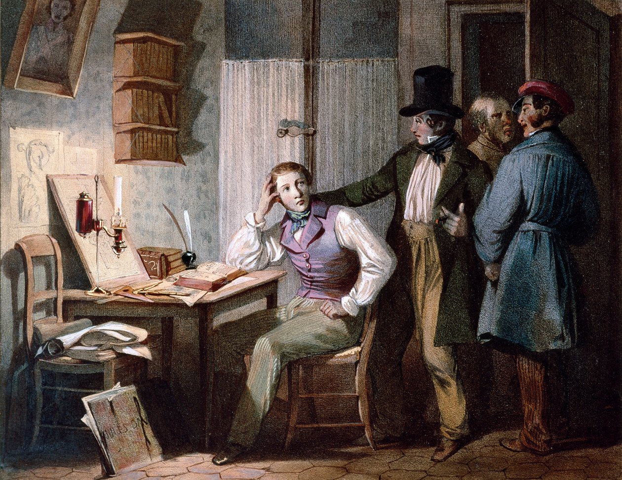 Studie. Pilný student ve své kanceláři zůstává v práci, zatímco jeho přátelé jdou ven. Barevná rytina Julese Davida (19. století). Paříž, Musee Carnavalet od Jules David