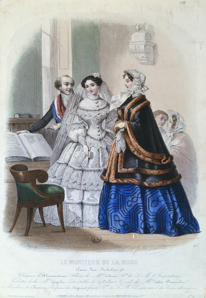 Svatební šaty, módní talíř z Le Moniteur de la Mode, 1854 od Jules David