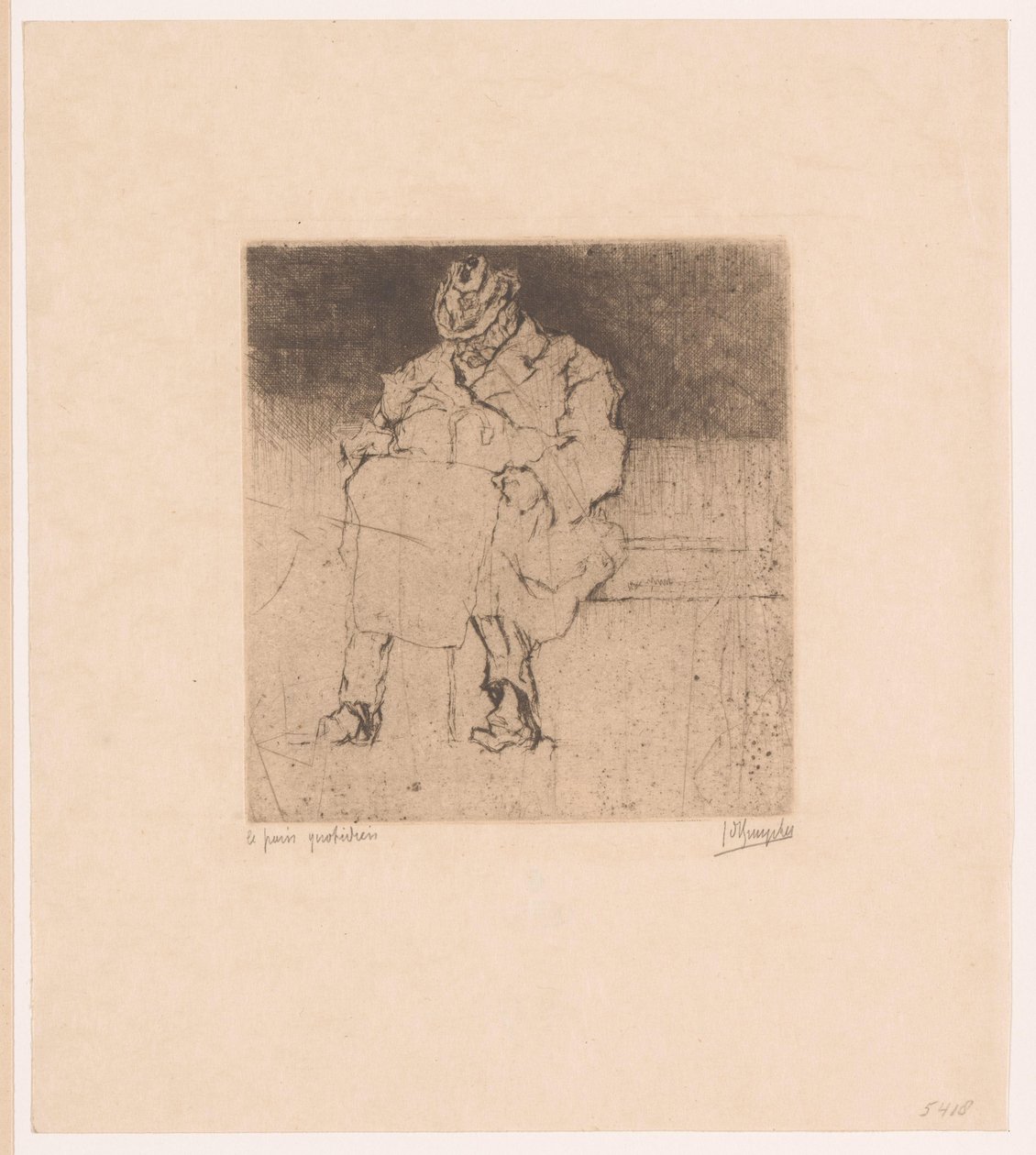 Starší pán s vycházkovou holí sedí na lavičce Le pain quotidien (název na objektu) od Jules De Bruycker (signed by artist)