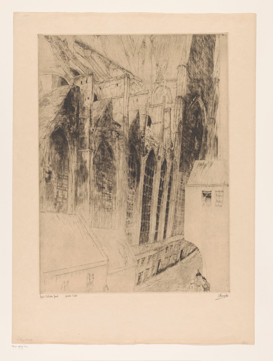Pohled na boční fasádu Sint-Niklaaskerk v Gentu Eglise St Nicolas Gand (titul na objektu) Rue du Chapeau Rouge a Gand od Jules De Bruycker (signed by artist)