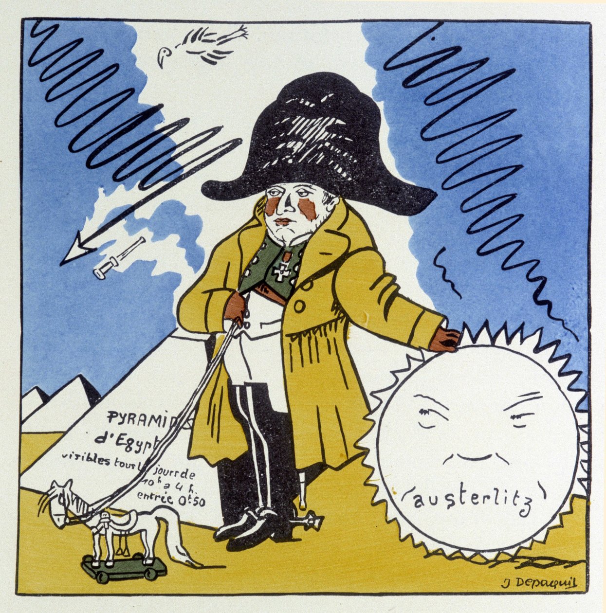 Austerlitz, Jena, Wagram: Karikatura na Napoleona 1. - v “” Histoire de France”” od Julese Depaquita, ill. sám, ed. Jonquieres, Paříž od Jules Depaquit