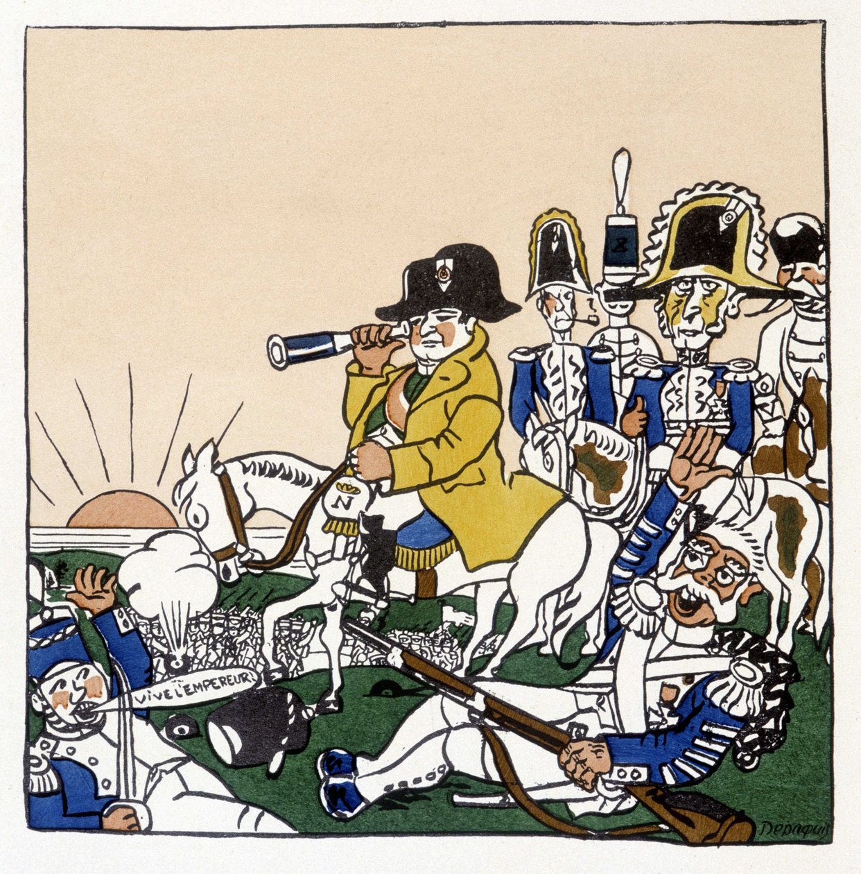 Napoleon v bitvě u Slavkova (1805) - v „Histoire de France“ od Julese Depaquita, ill. sám, ed. jonquières, Paříž od Jules Depaquit