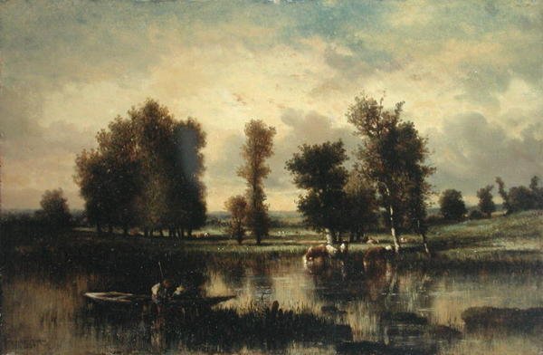 Loď na okraji řeky (olej na drženém panelu) od Jules Dupré