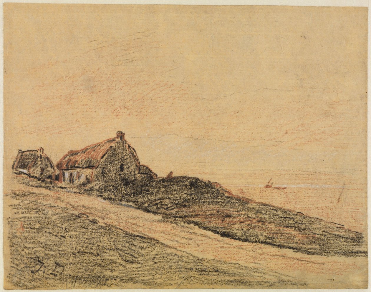 Pobřežní krajina u Cayeux se dvěma chatami od Jules Dupré