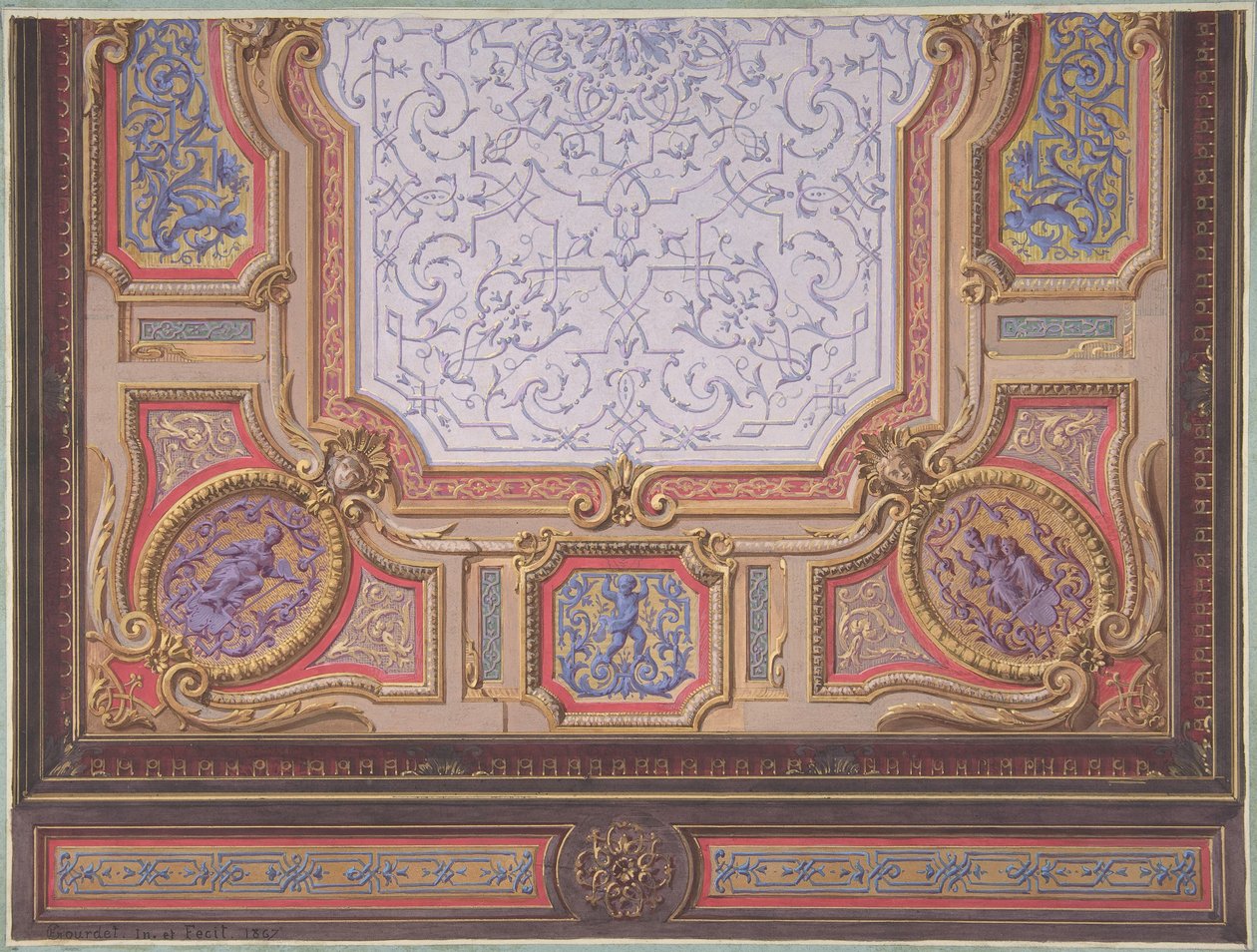 Design pro strop velkého salonu, Hôtel Hope, 1867. Tvůrci: Jules-Edmond-Charles Lachaise, Eugène-Pierre Gourdet. od Jules Edmond Charles Lachaise and Eugène Pierre Gourdet