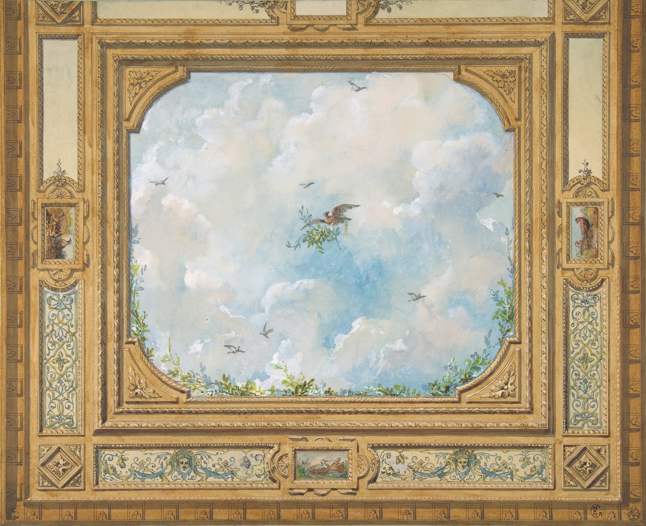 Design pro strop zdobený mraky a ptáky, 1830-97. Tvůrci: Jules-Edmond-Charles Lachaise, Eugène-Pierre Gourdet. od Jules Edmond Charles Lachaise and Eugène Pierre Gourdet