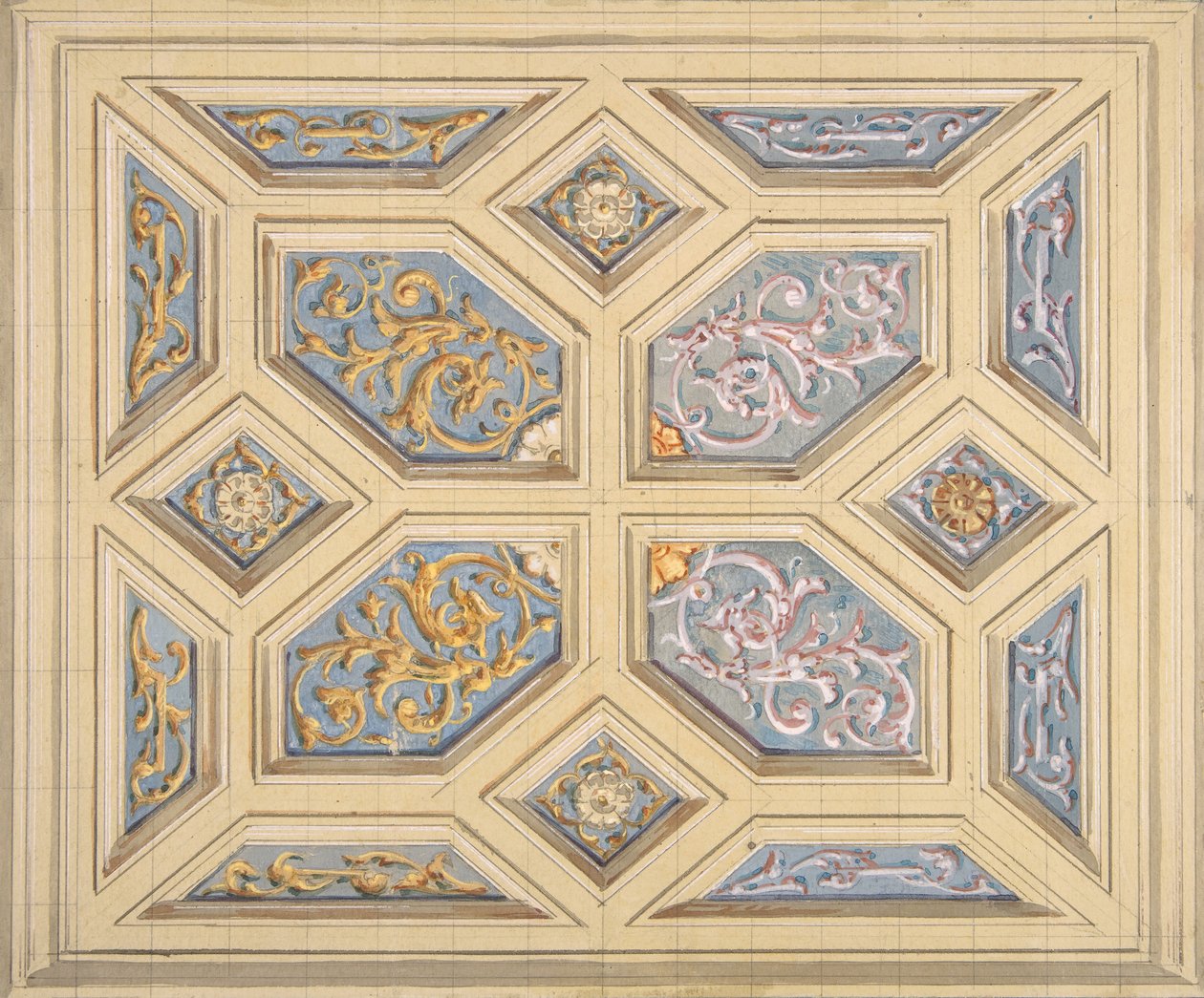 Návrh kazetového stropu zdobeného rýží, 1840-97. Tvůrci: Jules-Edmond-Charles Lachaise, Eugène-Pierre Gourdet. od Jules Edmond Charles Lachaise and Eugène Pierre Gourdet