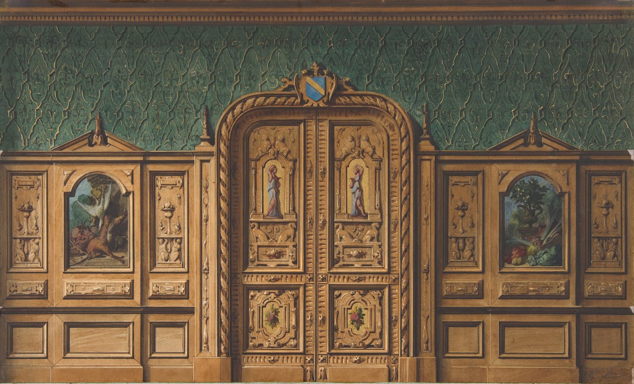 Design pro pokoj s dřevěnými panely vykládanými malbami a silně vyřezávanými dvoukřídlými dveřmi, 1830-97. Tvůrci: Jules-Edmond-Charles Lachaise, Eugène-Pierre Gourdet. od Jules Edmond Charles Lachaise and Eugène Pierre Gourdet
