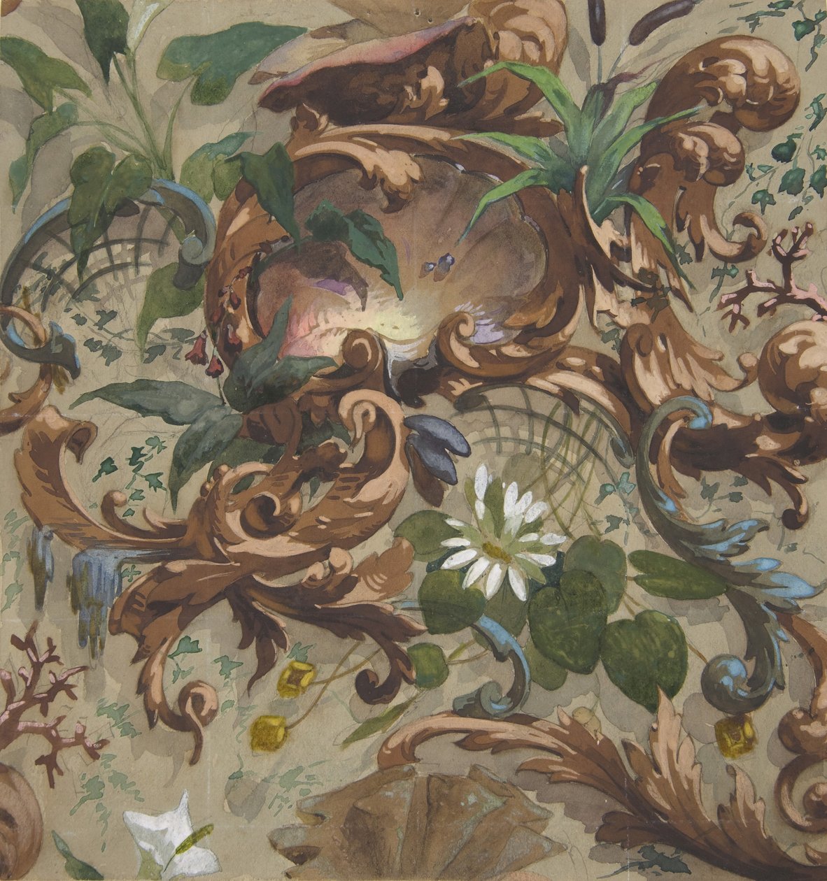 Design pro tapety s lasturami, lekníny a orobincem, 1830-97. Tvůrci: Jules-Edmond-Charles Lachaise, Eugène-Pierre Gourdet. od Jules Edmond Charles Lachaise and Eugène Pierre Gourdet