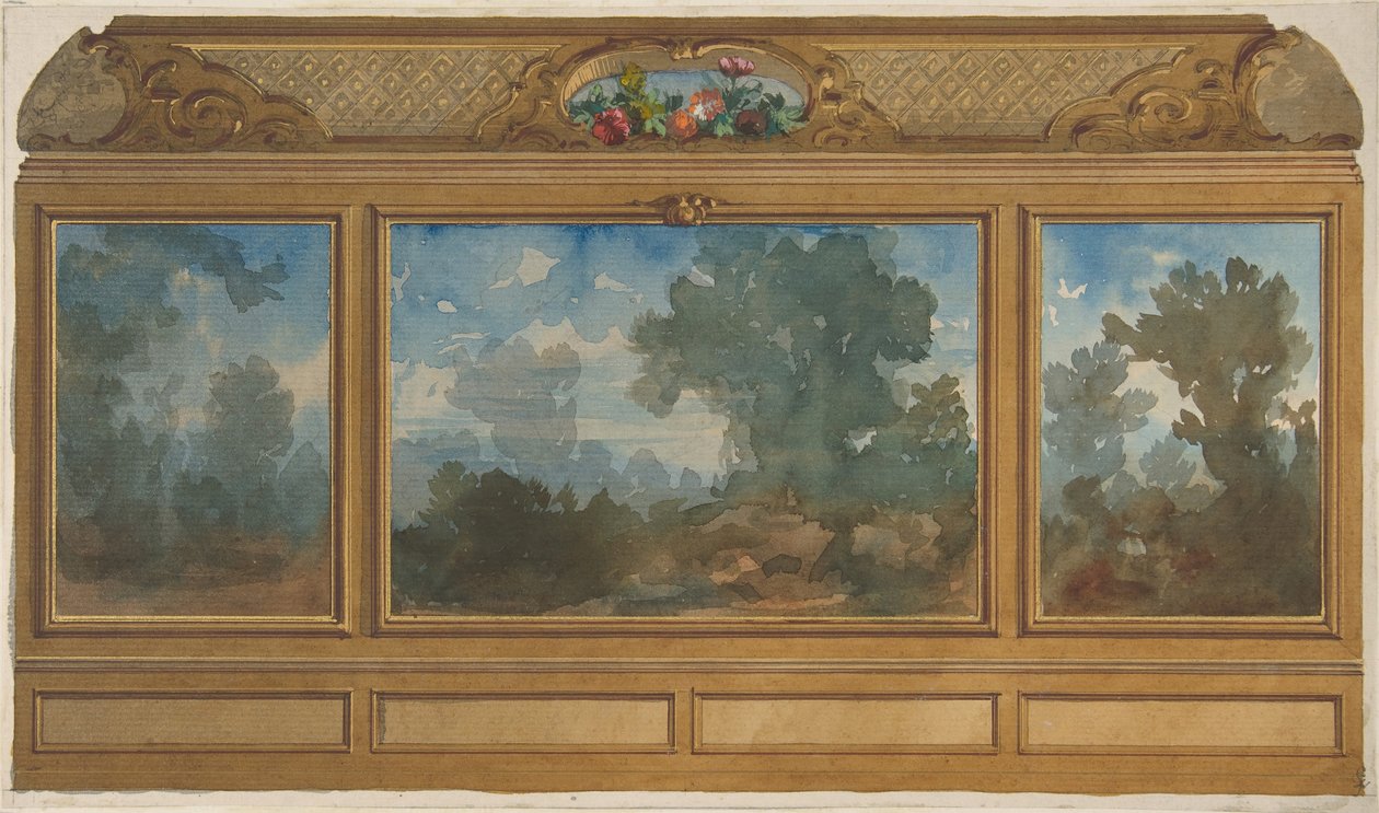 Převýšení obloženého interiéru zdobeného malovanými krajinami a zátokami s..., 1830-97. Tvůrci: Jules-Edmond-Charles Lachaise, Eugène-Pierre Gourdet. od Jules Edmond Charles Lachaise and Eugène Pierre Gourdet