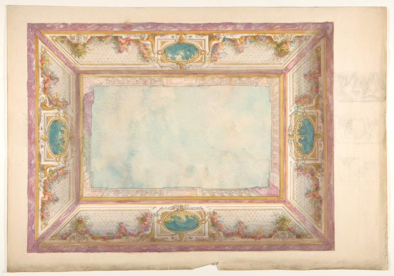 Design pro strop s trompe loeil balustrádou a putti od Jules Edmond Charles Lachaise
