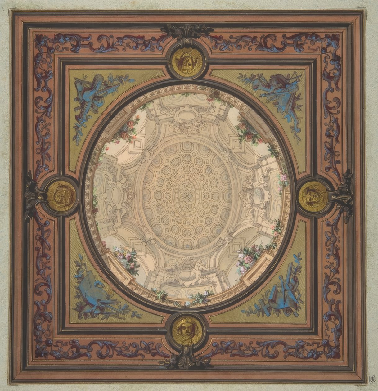 Design pro výzdobu stropu s trompe loeil malbou kazetové kupole od Jules Edmond Charles Lachaise