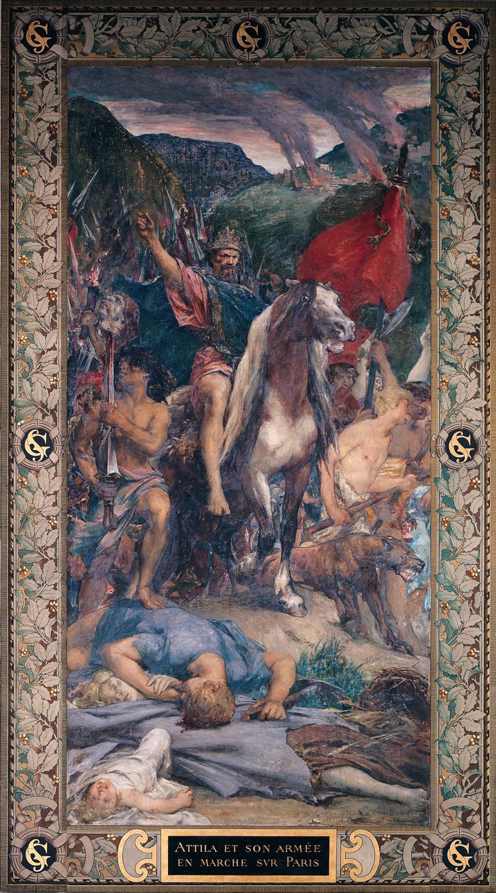 Attila (asi 406-453) a jeho armáda pochodující na Paříž od Jules Elie Delaunay