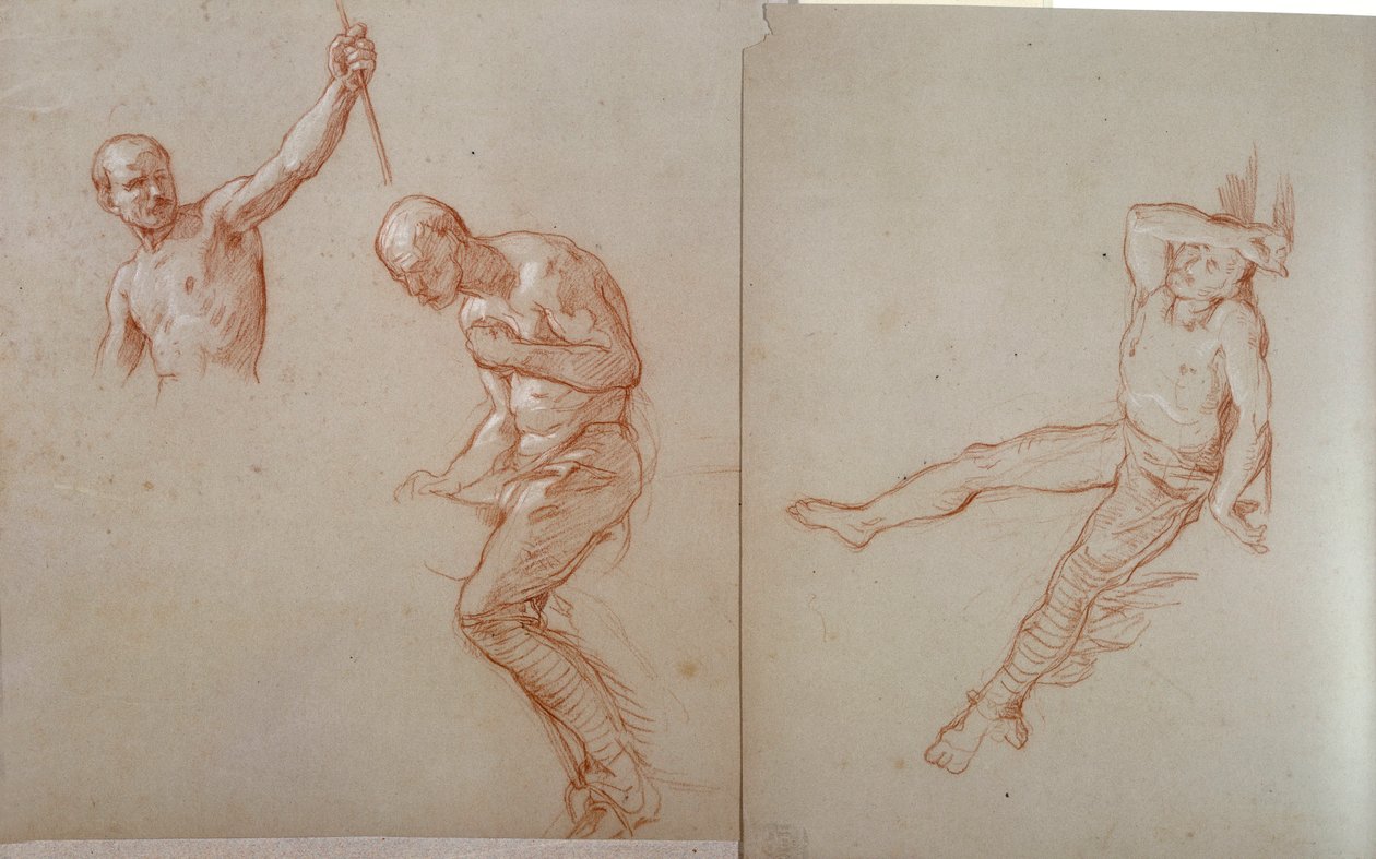 Indián Ameriky: “” Etude de horalier indien”” Kresba a la sanguine od Jules Emile (Jules-Emile) Saintin (1829-1894) Blerancourt z 19. století, francouzsko-americké muzeum od Jules Emile Saintin